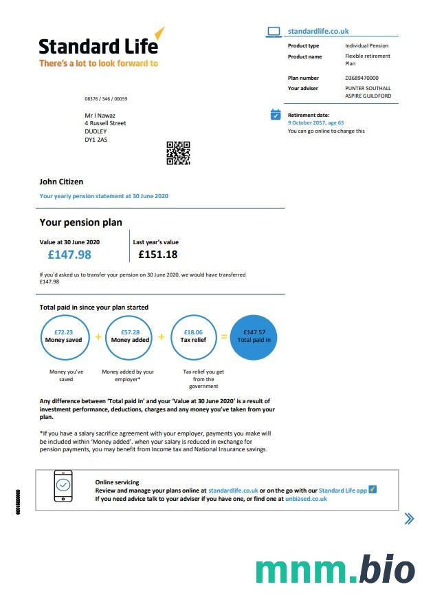 United Kingdom Standard Life proof of address oświadczenie emerytalne w Excelu i PDF (.xls i ) format